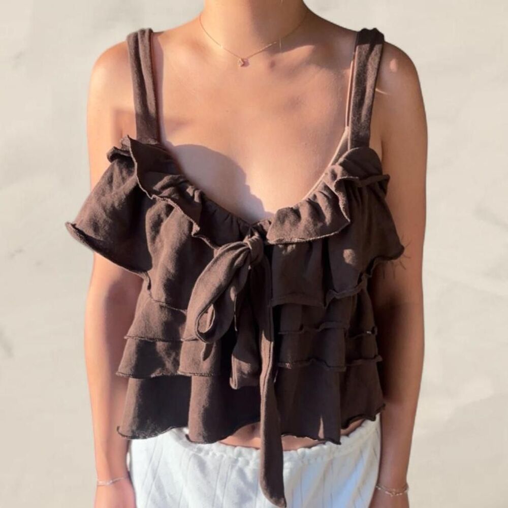 Zara brown ruffle tank top size large frilly new
